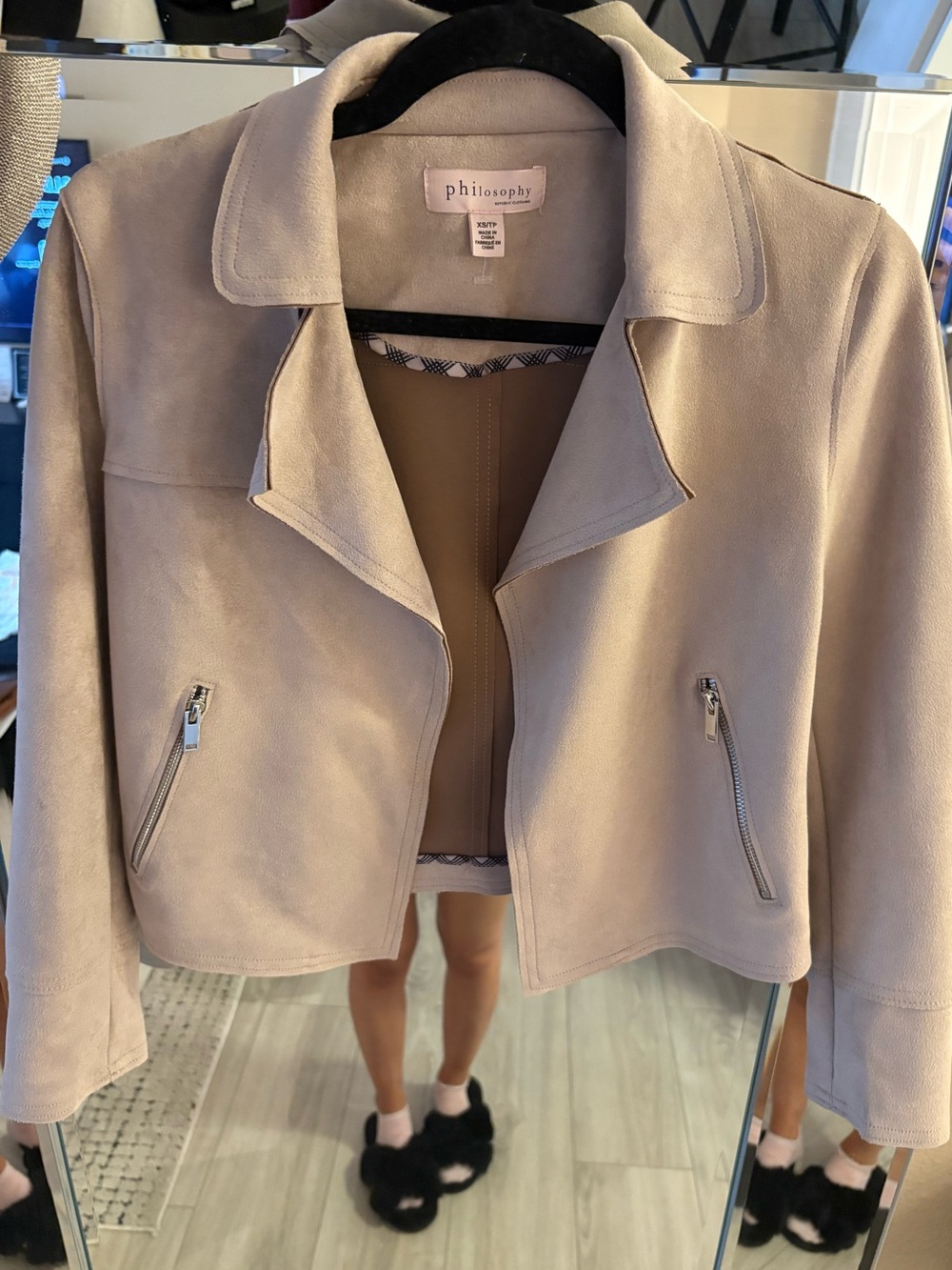 Philosophy Light Taupe Suede Cropped Moto Jacket